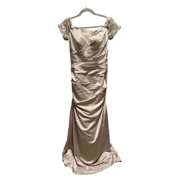LA FEMME Champagne Beaded Back Off the Shoulder Ruched Crepe Satin Gown - Picture 3 of 11